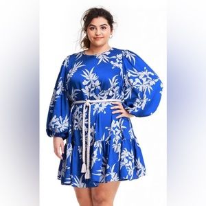 (NWOT) Alexis x Target Royal Blue White Floral Tiered Dress w/ Rope Belt, 1X